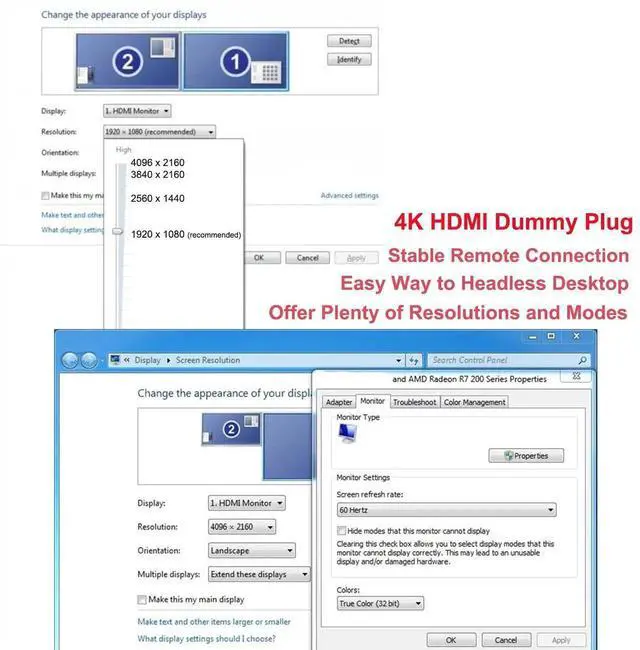 Alt view image 6 of 7 - DIXSG HDMI Dummy Plug 4K Display Emulator Compatible with Windows Mac OSX Linux Support 4kx2k 2160P 1080p for Computer Desktop (fit-Headless, 2 Pack)