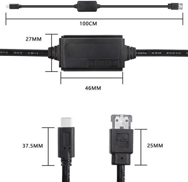 Alt view image 2 of 6 - DIXSG USB-C Type-C to eSATA Adapter Cable 5Gbps USB C to Power eSATA Converter Cable 5V for HDD/SSD/ODD Laptop PC - 3 ft/1M