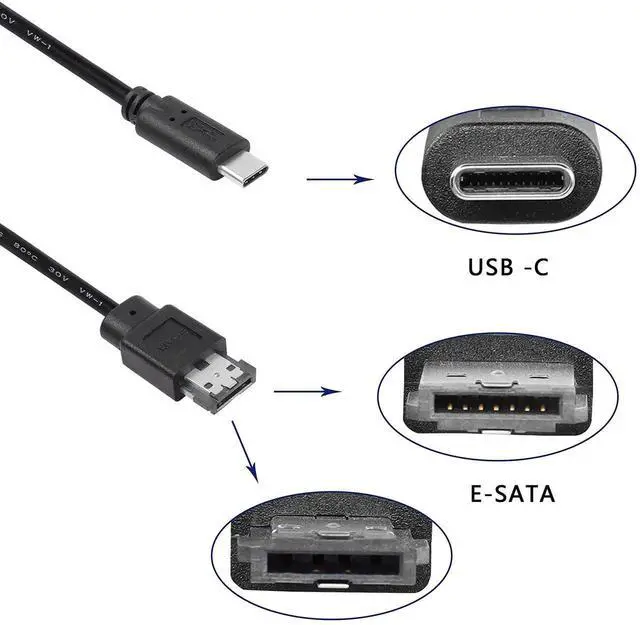 Alt view image 3 of 6 - DIXSG USB-C Type-C to eSATA Adapter Cable 5Gbps USB C to Power eSATA Converter Cable 5V for HDD/SSD/ODD Laptop PC - 3 ft/1M