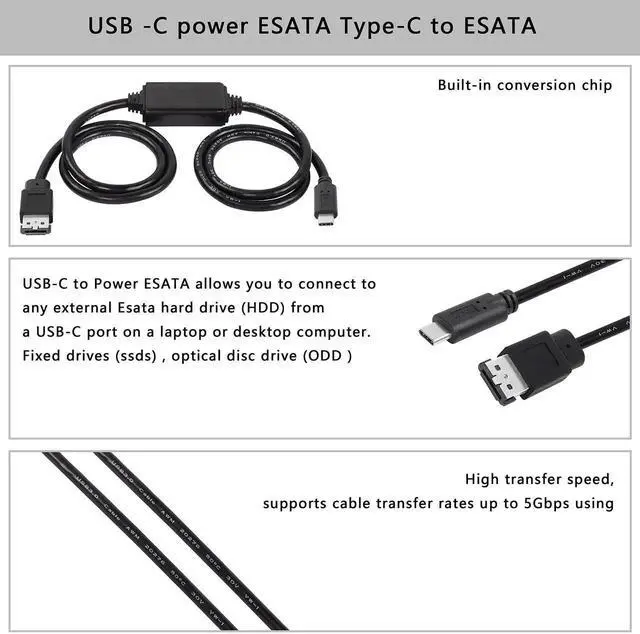 Alt view image 6 of 6 - DIXSG USB-C Type-C to eSATA Adapter Cable 5Gbps USB C to Power eSATA Converter Cable 5V for HDD/SSD/ODD Laptop PC - 3 ft/1M