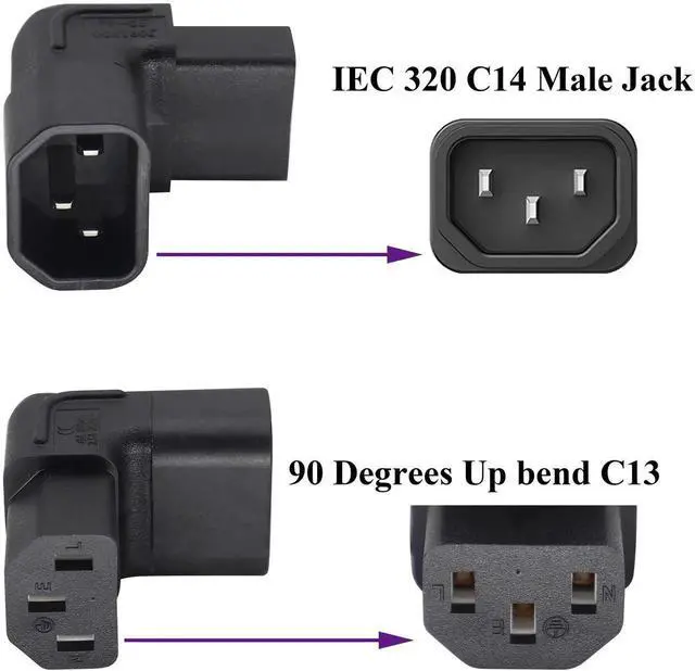 Alt view image 3 of 7 - DIXSG 0 Degree C13 to C14 AC Powe Adapter, IEC C13 Female to IEC C14 Male PDU 3 Pin Power Socket Extension Converter for Computer LED HDTV Monitor Etc. (2 Pack) (UP Angled)