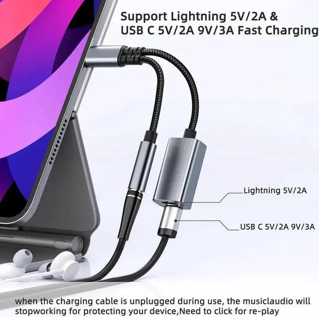 Alt view image 2 of 5 - DIXSG USB C to 3.5mm Audio Adapter with Charger, 3 in 1 USB C Headphone Adapter with PD 27W & Lightning 10W Charging Dongle Compatible with i-Phone 15/15Pro, Galaxy S24 Ultra/S23/S22/S21, Pixel 8/7/6