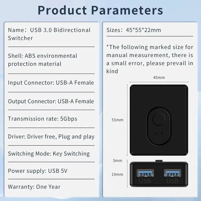 Alt view image 5 of 5 - USB Switcher 2 in 1 Out(1 in 2 Out) Bi-Directional,USB 3.0 Switch Selector,Keyboard Mouse Switcher,USB Switcher 2 Computers Share 1 Device for Printer,Keyboard, USB Switch with 2pcs USB Cables