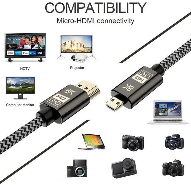 Alt view image 5 of 7 - DIXSG Micro HDMI to HDMI 2.1 Ultra-HD UHD 8K 60hz 4K 120hz Cable 48Gbs HDMI Cord for Camera Tablet (1.0m)