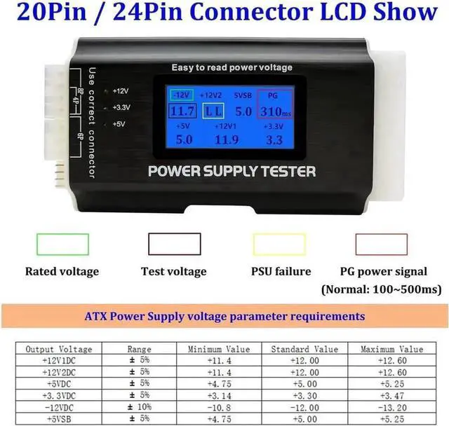 Alt view image 4 of 6 - DIXSG Computer PC Power Supply Tester, ATX / ITX / IDE / HDD / SATA / BYI Connectors Power Supply Tester, 1.8'' LCD Screen (Aluminum Alloy Enclosure) PC LCD Power Supply Tester 20/24 pin 4 SATA HDD