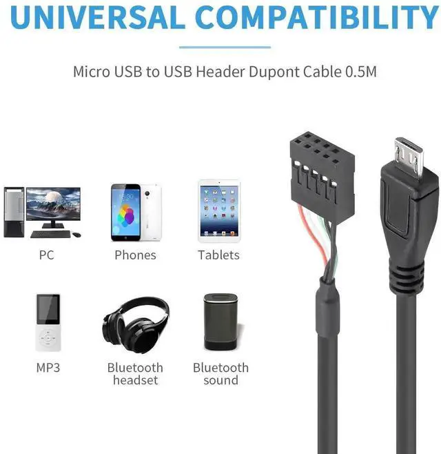 Alt view image 6 of 6 - DIXSG USB Header to Micro USB Cable 1.65FT/50CM, Micro USB Male to 9 Pin Motherboard Female Adapter Dupont Extended Cable for Motherboard Header 2 Pack