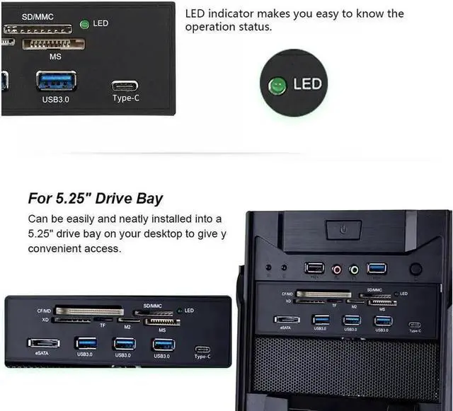 Alt view image 2 of 7 - DIXSG 5.25" Internal Card Reader Media Multi-Function Dashboard PC Front Panel Type-C USB 3.1 USB 3.0 Support CF XD MS M2 TF SD card reader smart