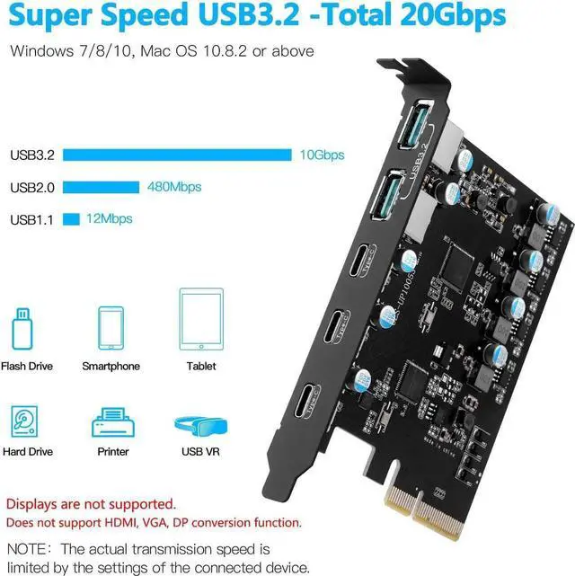 Alt view image 2 of 7 - DIXSG PCIe to USB 3.2 Gen 2 Adapter Card with 20 Gbps Bandwidth 5-Port (3X USB C -2X USB A) PCI Express Expansion Card Internal USB Hub PCI-E Add-on Cards Riser for Windows 10/8/7 and MAC OS 10.8.2 Ab