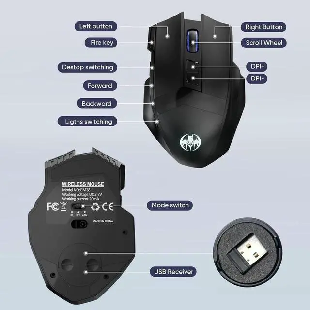 Alt view image 5 of 6 - DIXSG Wireless Gaming Mouse, Dual-Mode 2.4G/Bluetooth Wireless Mouse, Rechargeable PC Gaming Mice with Fire Button, 4-Level DPI up to 4800dpi, Noiseless Click, 10 Buttons for PC, Mac, Laptop, Tablet