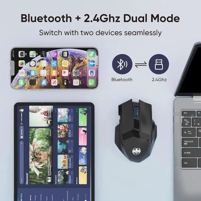 Alt view image 2 of 6 - DIXSG Wireless Gaming Mouse, Dual-Mode 2.4G/Bluetooth Wireless Mouse, Rechargeable PC Gaming Mice with Fire Button, 4-Level DPI up to 4800dpi, Noiseless Click, 10 Buttons for PC, Mac, Laptop, Tablet