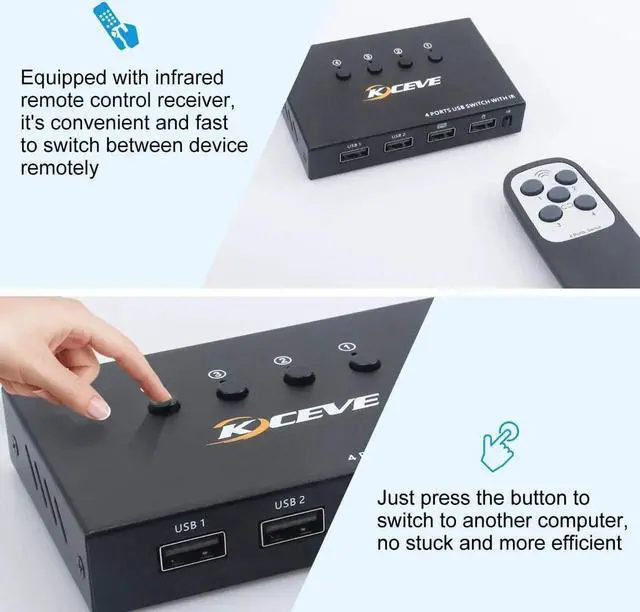 Alt view image 3 of 7 - DIXSG USB Switch 4 Port, 4 in 4 Out USB KVM Switch, for 4 PC Share 4 USB Ports, USB Switcher Box for Mouse Keyboard Printer Scanner, With Remote control and USB Cables (battery not included)