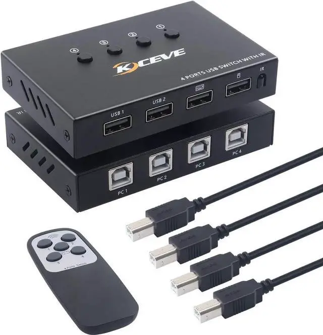 Main image of DIXSG USB Switch 4 Port, 4 in 4 Out USB KVM Switch, for 4 PC Share 4 USB Ports, USB Switcher Box for Mouse Keyboard Printer Scanner, With Remote control and USB Cables (battery not included)