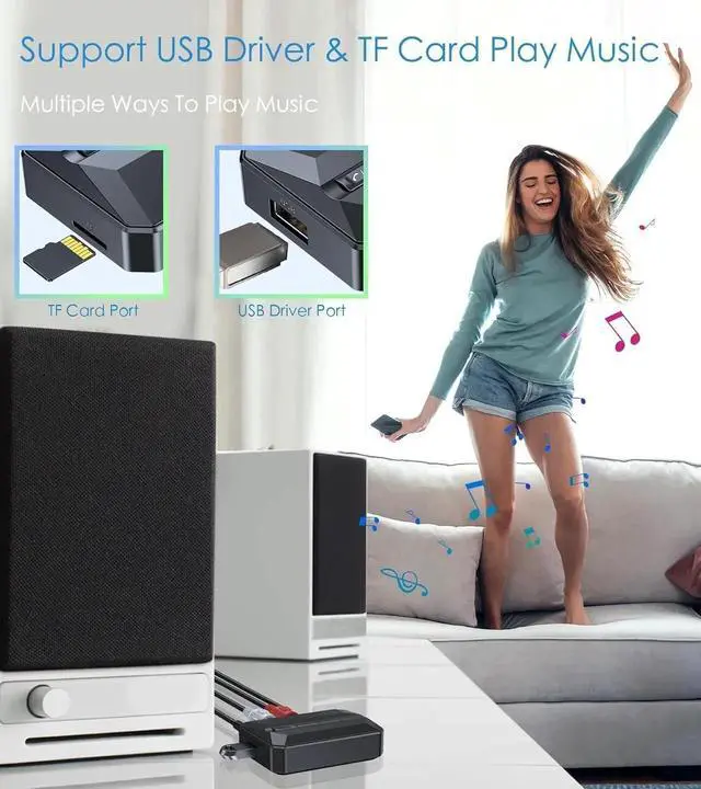 Alt view image 4 of 7 - DIXSG Bluetooth 5.3 Receiver Audio Adapter for Home Stereo, NFC-Enabled Bluetooth Stereo Adapter for Speakers, RCA 3.5mm AUX for Music Streaming Stereo System, Support USB Driver/TF Card Play Music