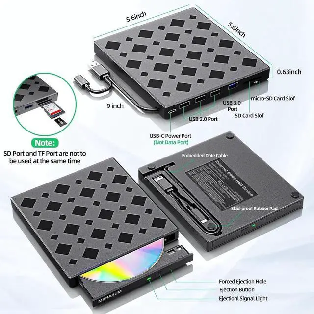 Alt view image 7 of 7 - DIXSG External CD/DVD Drive for Laptop, 7-in-1 External DVD Drive/Burner/Reader DVD Player for Laptop USB 3.0/USB-C Plug & Play CD Drive, Compatible with Windows 11/10/8/7 MacOS MacBook Pro/Air Linux