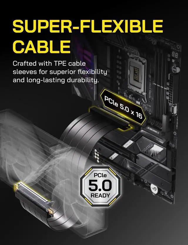 Alt view image 4 of 7 - DIXSG PCIe 5.0 X16 Riser Cable,128GB/s Bandwidth, for RTX 50/40 & RX 9000/7000 GPUs, PCIe Extension Card, Backward Compatible with PCIe 4.0/3.0,Vertical GPU Mount,Straight-20cm,Black