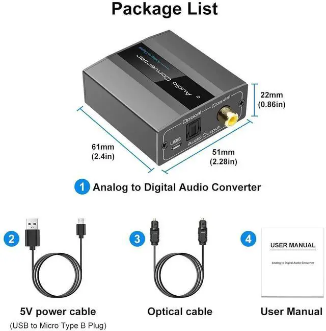 Alt view image 4 of 6 - DIXSG Analog to Digital Audio Converter RCA to Optical with Cable 3.5mm AUX Jack Toslink and Coaxial Adapter for Soundbar