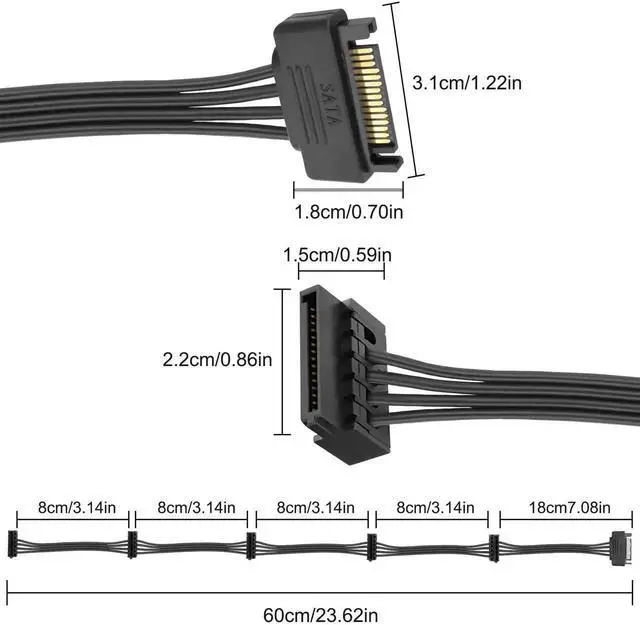 Alt view image 2 of 7 - DIXSG SATA Power Splitter Cable 15 Pin SATA to 5 x 15 Pin SATA Power Supply Cable Extension Cable 15 Pin SATA Male to 5 x Serial SATA Female Power Cord for HDD SSD Hard Disk Drive