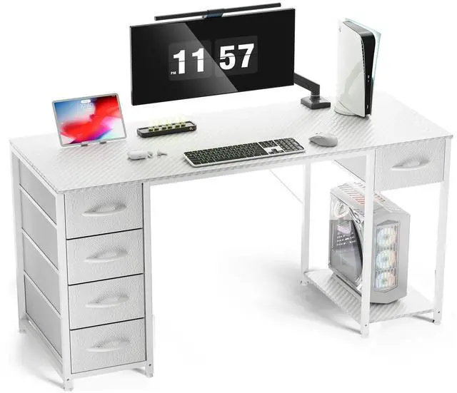 Main image of 47 inch Carbon Fiber Gaming Computer Desk with 5 Fabric Drawers and Storage Organizers, White