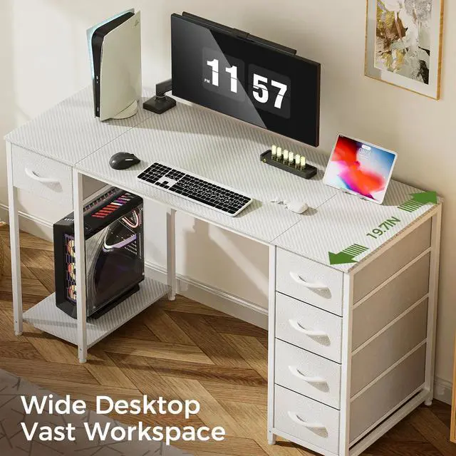 Alt view image 5 of 7 - 47 inch Carbon Fiber Gaming Computer Desk with 5 Fabric Drawers and Storage Organizers, White