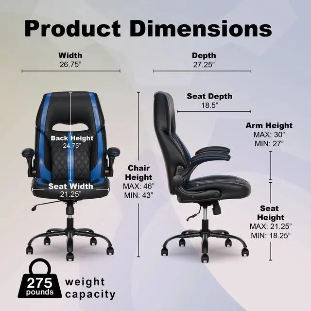 Alt view image 2 of 7 - DIXSG Maven Gaming Chair with Flip-Up Armrest and Adjustable Height and Tilt, Teens and Adults, Black and Blue Accents