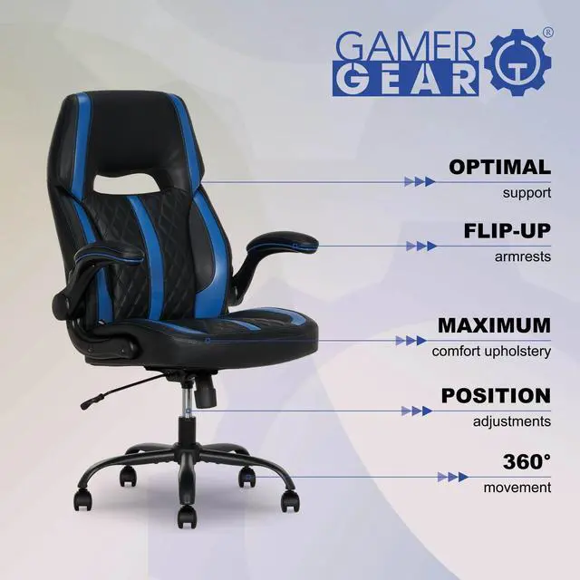 Alt view image 7 of 7 - DIXSG Maven Gaming Chair with Flip-Up Armrest and Adjustable Height and Tilt, Teens and Adults, Black and Blue Accents