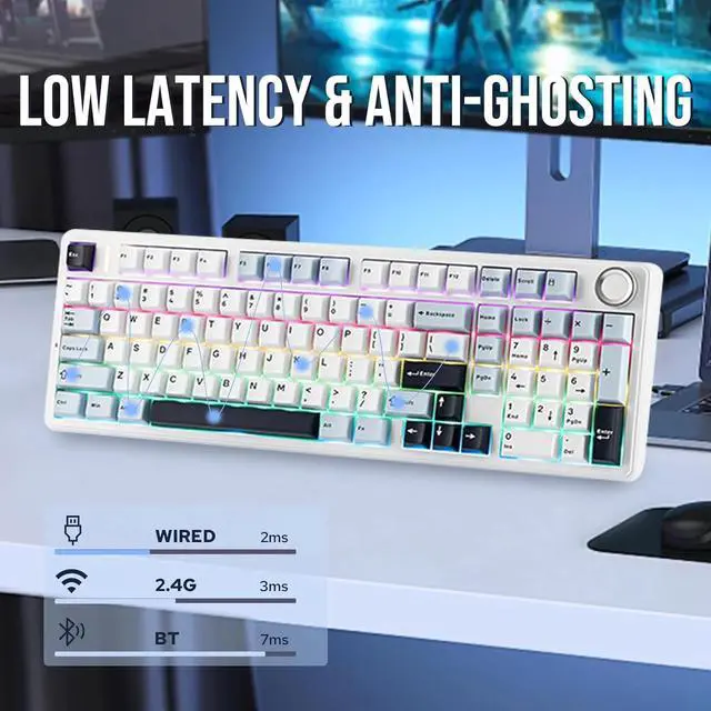 Alt view image 6 of 7 - DIXSG F99 PRO Wireless Mechanical Gaming Keyboard, 95% Layout, Hot Swappable Creamy Switches, Tri-Mode BT5.0/2.4GHz/Type-C, RGB Backlit with Multifunctional Knob, 8000mAh Battery - Blue/White