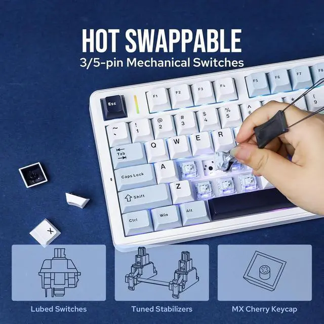 Alt view image 3 of 7 - DIXSG F99 PRO Wireless Mechanical Gaming Keyboard, 95% Layout, Hot Swappable Creamy Switches, Tri-Mode BT5.0/2.4GHz/Type-C, RGB Backlit with Multifunctional Knob, 8000mAh Battery - Blue/White