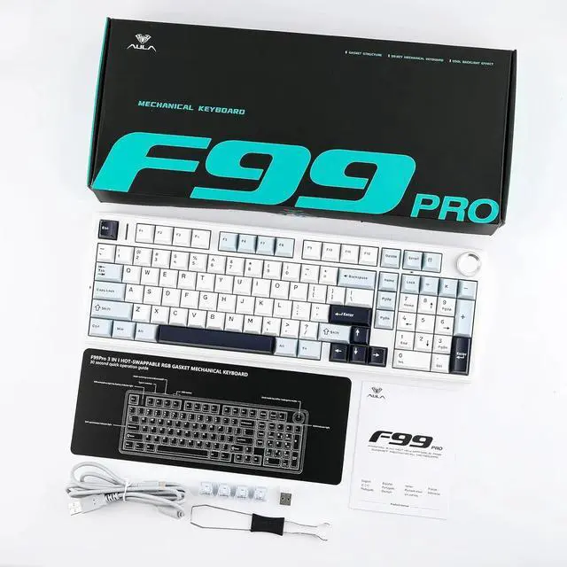 Alt view image 4 of 7 - DIXSG F99 PRO Wireless Mechanical Gaming Keyboard, 95% Layout, Hot Swappable Creamy Switches, Tri-Mode BT5.0/2.4GHz/Type-C, RGB Backlit with Multifunctional Knob, 8000mAh Battery - Blue/White