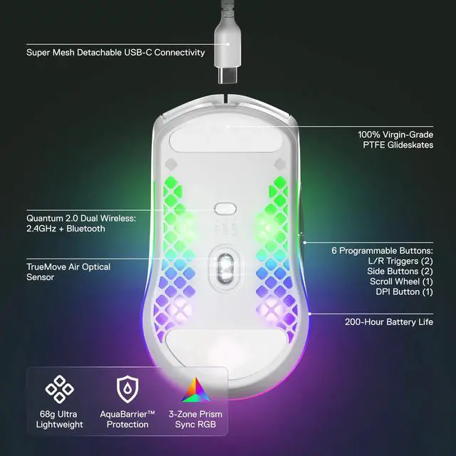 Alt view image 4 of 7 - DIXSG Aerox 3 Wireless - Honeycomb RGB Optical Gaming Mouse - Ultra-Lightweight Water Resistant Design - Snow