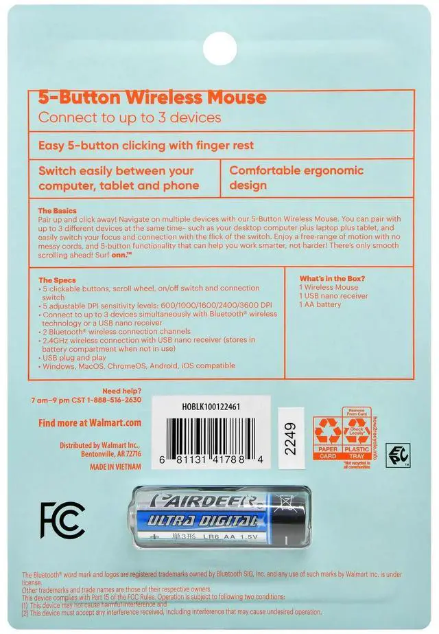 Alt view image 3 of 6 - DIXSG 5-Button Wireless Bluetooth Ambidextrous Mouse, USB-A Nano Receiver, Black