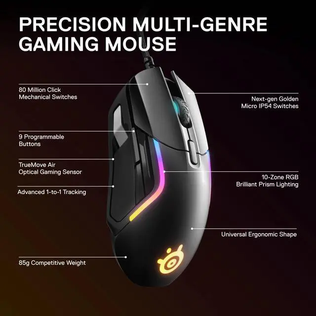 Alt view image 5 of 7 - DIXSG Rival 5 Gaming Mouse with 9 Programmable Buttons and 18k CPI TrueMove Air Optical Sensor