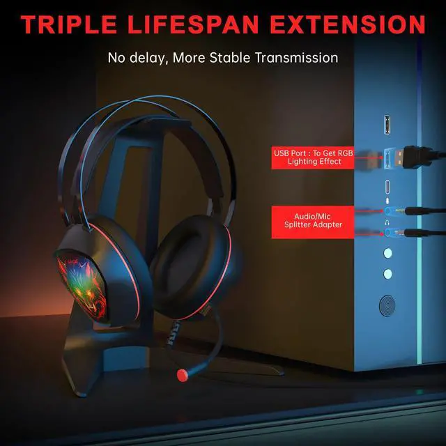 Alt view image 6 of 7 - DIXSG Gaming Headset for PC, PS5, Xbox Series X/S, Xbox One, Switch, MAC, Xbox Headset with Noise Canceling Microphone, Wired Over-Ear Gaming Headphones with RGB Light&Bass Surround