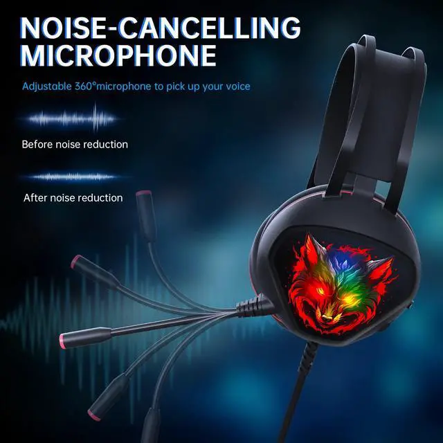 Alt view image 5 of 7 - DIXSG Gaming Headset for PC, PS5, Xbox Series X/S, Xbox One, Switch, MAC, Xbox Headset with Noise Canceling Microphone, Wired Over-Ear Gaming Headphones with RGB Light&Bass Surround