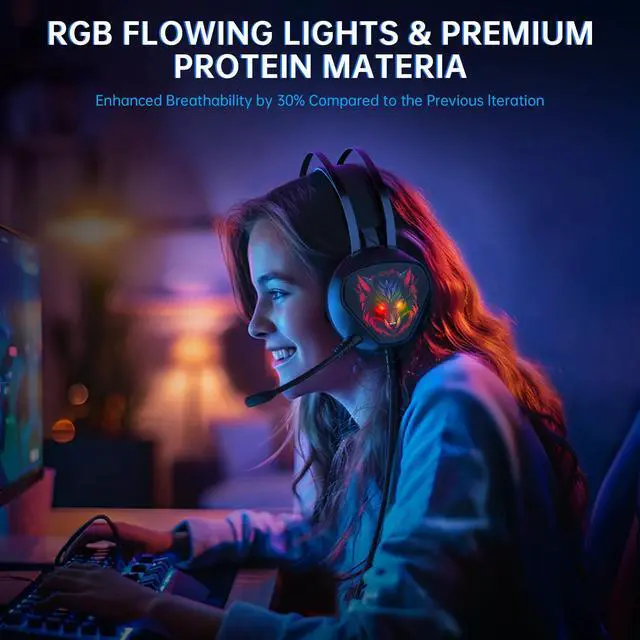 Alt view image 2 of 7 - DIXSG Gaming Headset for PC, PS5, Xbox Series X/S, Xbox One, Switch, MAC, Xbox Headset with Noise Canceling Microphone, Wired Over-Ear Gaming Headphones with RGB Light&Bass Surround