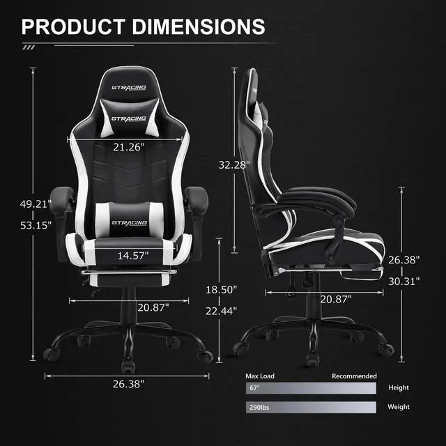 Alt view image 5 of 7 - DIXSG Ergonomic GTWD-200 Gaming Chair with Adjustable Pillows and Footrest, White