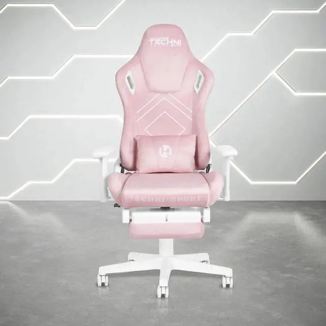 Main image of DISG Pink Velvet Gaming Chair with Footrest, Memory Foam, Lumbar Support, Reclining Back & 300 lbs Capacity