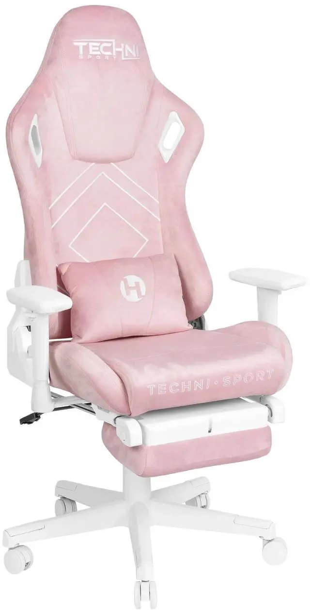Alt view image 2 of 7 - DISG Pink Velvet Gaming Chair with Footrest, Memory Foam, Lumbar Support, Reclining Back & 300 lbs Capacity