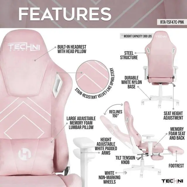 Alt view image 4 of 7 - DISG Pink Velvet Gaming Chair with Footrest, Memory Foam, Lumbar Support, Reclining Back & 300 lbs Capacity