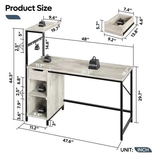 Alt view image 4 of 7 - DIXSG Office Desk Computer Gaming PC Study Table with Adjustable Shelf and LED Lights, Light Gray