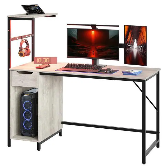 Alt view image 6 of 7 - DIXSG Office Desk Computer Gaming PC Study Table with Adjustable Shelf and LED Lights, Light Gray