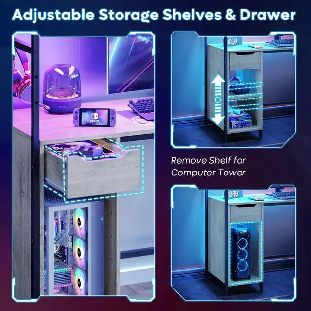 Alt view image 3 of 7 - DIXSG Office Desk Computer Gaming PC Study Table with Adjustable Shelf and LED Lights, Light Gray