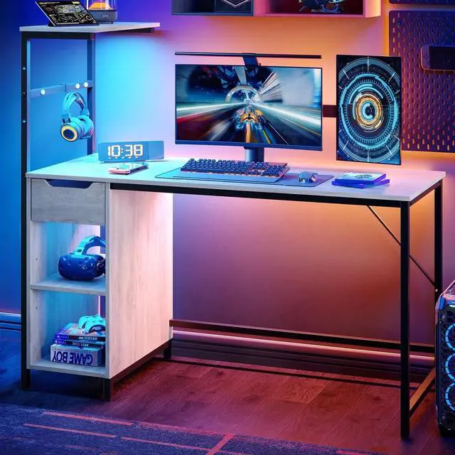 Alt view image 2 of 7 - DIXSG Office Desk Computer Gaming PC Study Table with Adjustable Shelf and LED Lights, Light Gray