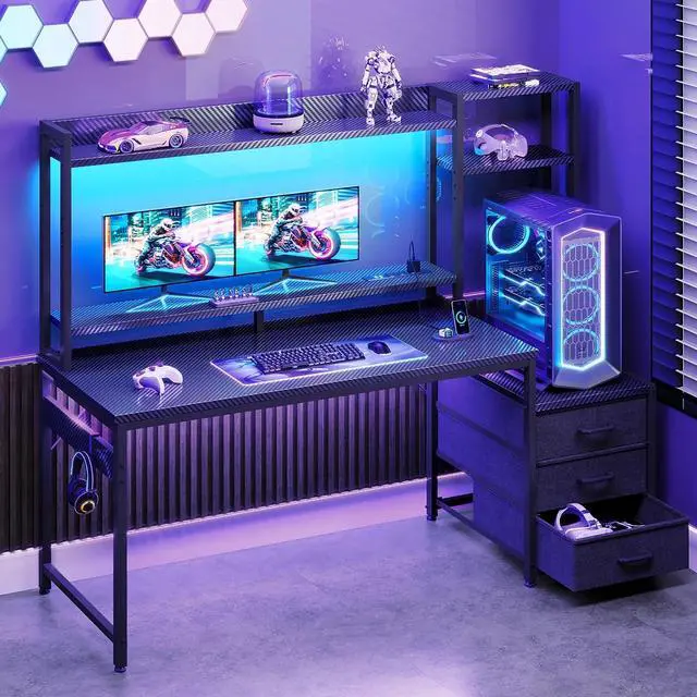 Main image of DIXSG 55 inch Gaming Desk with LED Lights & Power Outlets, Home Office Desk with Reversible Storage Drawers & Monitor Shelves, Carbon Fiber Black