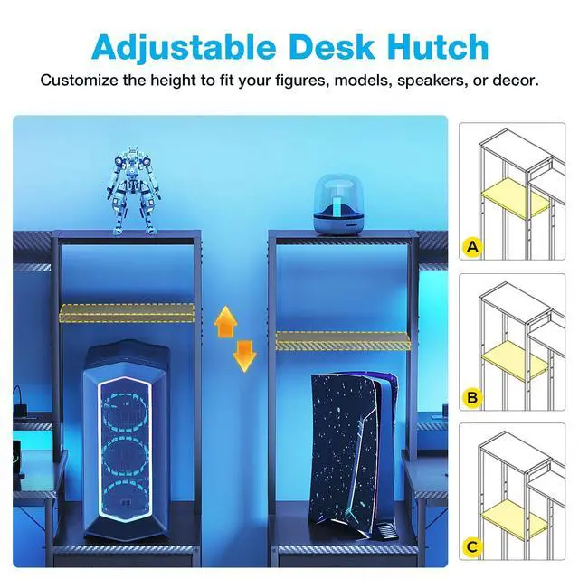 Alt view image 2 of 7 - DIXSG 55 inch Gaming Desk with LED Lights & Power Outlets, Home Office Desk with Reversible Storage Drawers & Monitor Shelves, Carbon Fiber Black