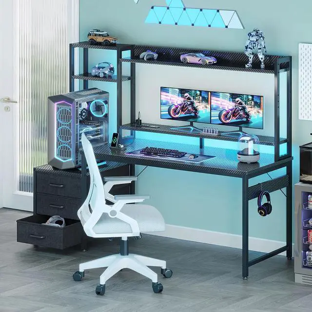 Alt view image 5 of 7 - DIXSG 55 inch Gaming Desk with LED Lights & Power Outlets, Home Office Desk with Reversible Storage Drawers & Monitor Shelves, Carbon Fiber Black