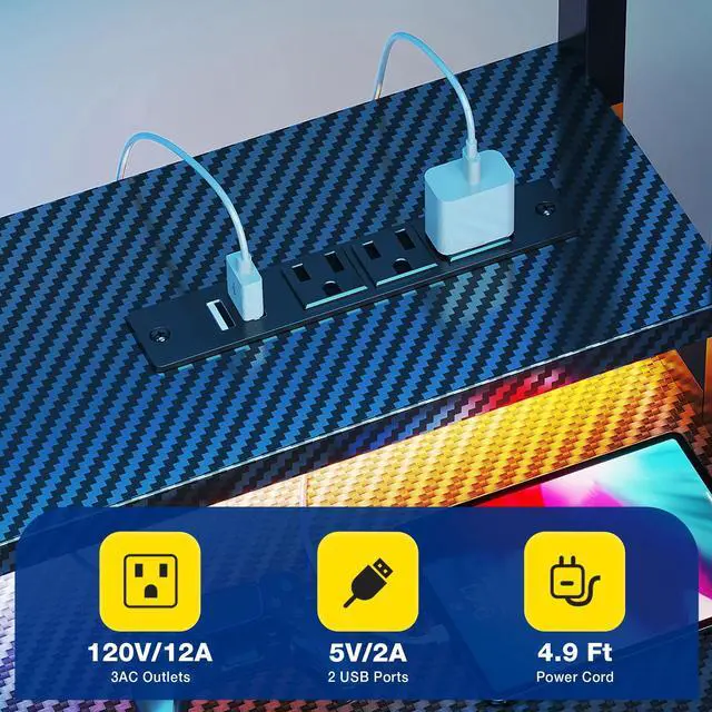 Alt view image 4 of 7 - DIXSG 55 inch Gaming Desk with LED Lights & Power Outlets, Home Office Desk with Reversible Storage Drawers & Monitor Shelves, Carbon Fiber Black