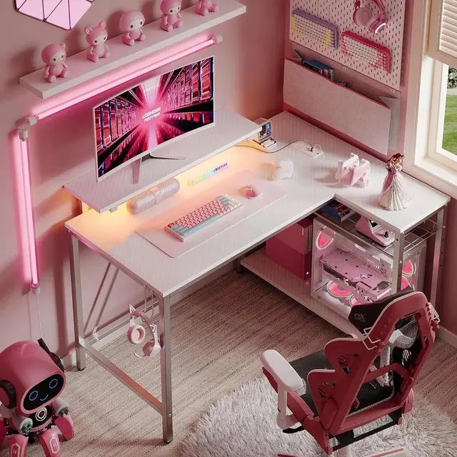 Main image of DIXSG 42" L Shaped Computer Desk with Power Outlets, Home Office Desk with LED Lights & Monitor Stand, Reversible Shelves, Corner Desk for Small Spaces ,Bedrooms, Carbon Fiber White