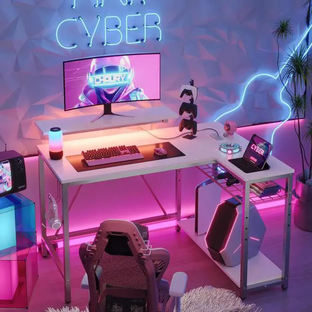 Alt view image 2 of 7 - DIXSG 42" L Shaped Computer Desk with Power Outlets, Home Office Desk with LED Lights & Monitor Stand, Reversible Shelves, Corner Desk for Small Spaces ,Bedrooms, Carbon Fiber White