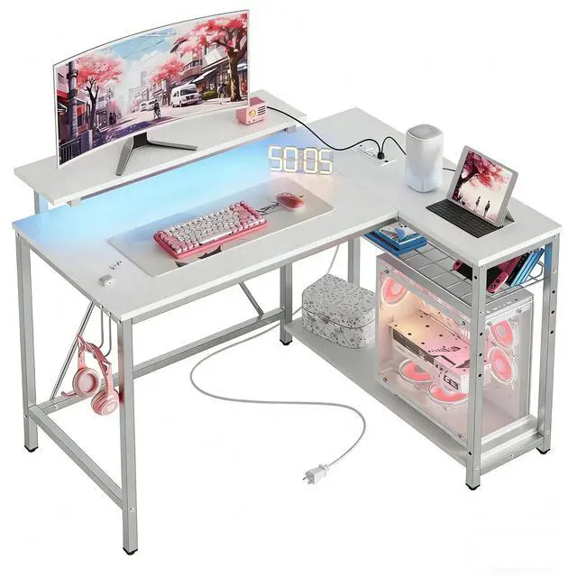 Alt view image 6 of 7 - DIXSG 42" L Shaped Computer Desk with Power Outlets, Home Office Desk with LED Lights & Monitor Stand, Reversible Shelves, Corner Desk for Small Spaces ,Bedrooms, Carbon Fiber White