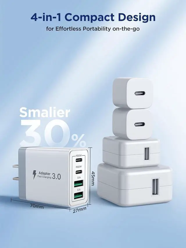Alt view image 3 of 7 - USB C Charger Block, 40W Fast Charging Block Type C Charging Block 4-Port Dual Port PD+QC Wall Charger Head Cube for iPhone 17 16 15 14 13 12 11 Pro Max XS, iPad, Samsung Phone, Tablet